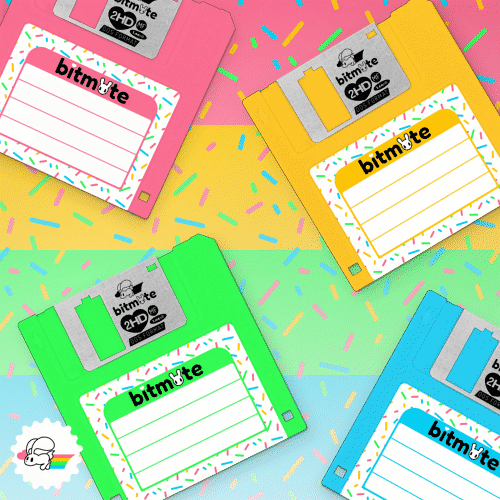 Four coloured floppy disks with a multi colour sprinkles background pattern.