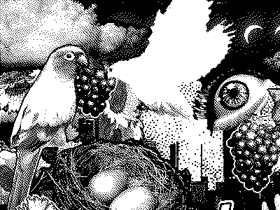 a black and white dithered surreal collage