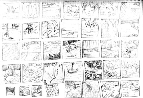 The thumbnails start as fanastical imagery such as a feathered crown floating over the sea, the face of a harpy, and feathers flying over a city in the clouds. As the thumbnails progress, they become more abstract and surreal such as a city on coral terrain, an eye forming out of curled feather shapes, crevaces and cliffs of coral, and seeing a sun or moon with looming buildings made of coral and underwater rocks.