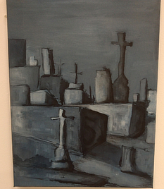 A monotone expressionist painting of gravestones.