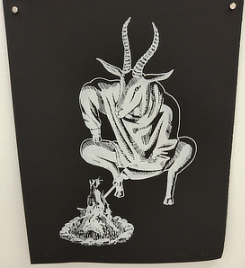 A black and white illustration of a baphomet kneeling before a small bonfire.