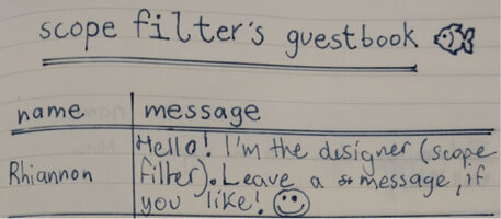 Guestbook entry 1 is by Rhiannon and reads 'Hello! I'm the designer (scope filter). Leave a message, if you like!' Hand-drawn smile emoji.