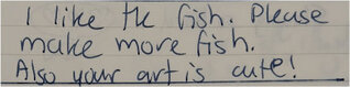 The next guestbook entry reads 'I like the fish. Please make more fish. Also your art is cute!