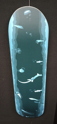 The skateboard uses the same elements as the poster but is in a more stretched vertical orientation so the fish illustrations have been moved around and the cliffs stretched on both sides.