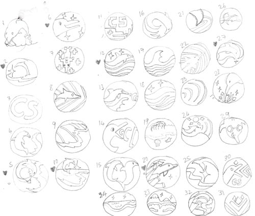 The logos are drawn in a 6 x 6 grid. The logos vary from showing a dolphin either swimming, jumping over waves, smiling, or interacting with crystal or sparkle shapes. In some the dolphin looks more cartoony, and in others it is more simplified and semi-realistic.