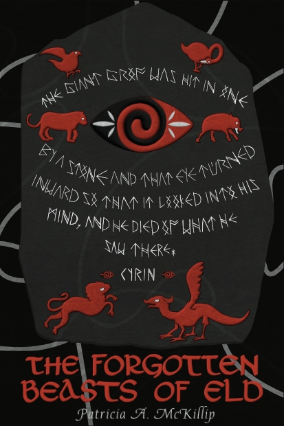 Poster design in black, red, and white. The Forgotten Beasts in red stone relief surround runes on a gravestone with rope as a decorative element behind it. The book title and author are at the bottom.