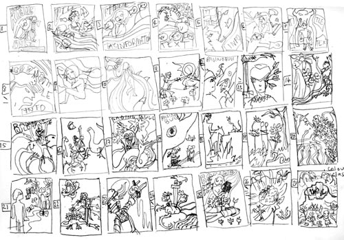 The thumbnails are arranged in a 4 by 7 grid. They vary in style from compositions with wavy, parallel lines like psychedelic posters from the 1970s music scene to medieval imagery with symbolic injuries like a knight being pierced by swords or chopping off a hydra's head only for other heads to appear. The images become more surreal like a heart pierced by a sword with flowers coming out of it to images of the main characters surrounded by dragons standing in a barren landscape.