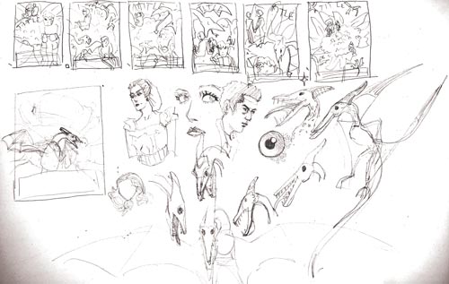 The final thumbnails vary the angle of the camera and the size of the characters relative to the dragons. Beneath the thumbnails are sketches of dinosaur heads from different angles along with sketches of the actors from the film.