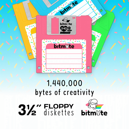 1,440,000 bytes of creativity. 3 1/2 inch floppy diskettes by bitmate. Four colours available pink, yellow, green, and blue.