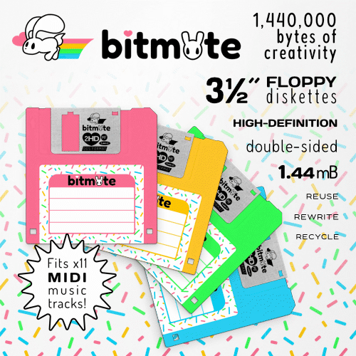bitmate 1,440,000 bytes of creativity. 3 1/2 inch floppy diskettes. High-definition. Double sided. 1.44 mB. Reuse, rewrite, recycle. Fits x11 MIDI music tracks!
