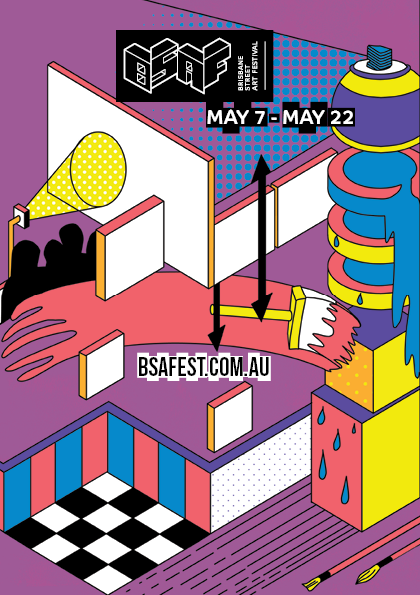 The BSAF ad is an abstract scene in isometric perspective. Beside two painbrushes laid side by side is a blue and red striped wall with a checkered floor. A wall leads to a stack of cubes with a sliced spray can on top, dripping paint from the segments. It is spraying blue paint to the top of the design where the BSAF logo and festival dates are taped on in black and white. From the bottom to the top of the composition are a series of shapes floating in space. Blank canvases float in front of a giant paintbrush applying a strip of red paint across the background of the illustration. From behind the paint are the silouettes of a crowd, a spotlight hitting a wall, and black double headed arrows arranged vertically. The colours are a mix of black, white, yellow, purple, red, blue, and purple. Screentone dots are applied to the background, spotlight, and walls. Dripping paint drops are another element used to guide the eye along the vertical axis of the illustration.