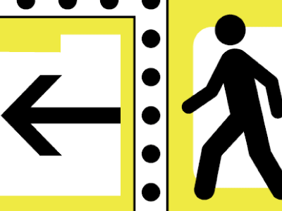 A signage graphic of a person walking toward a dotted path.