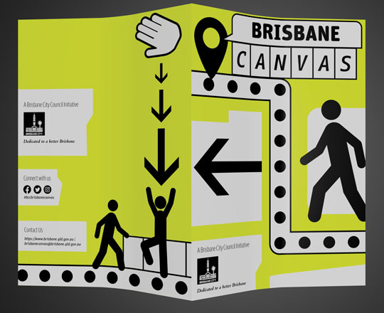 A mockup of the front and back covers of the Brisbane Canvas booklet. It is A5 in size with a bright yellow background colour, with flat graphics in black and white over the top, and black text overlaid over white shapes. The front cover shows a walking person from street signs heading to the left. On the left is a black arrow pointing out a white building silouette. A dotted path leads to the top of the page where a geo-marker indicator is next to a speech bubble that reads Brisbane Canvas. The Brisbane City Council logo is at the bottom left of the page. The back cover has the Brisbane City Council logo, social media icons, and website links on the left hand side. The right hand side has a large hand cursor dropping the person graphic who lands on the dotted path in front of canvas panels. A figure is walking toward them to meet at the street art.
