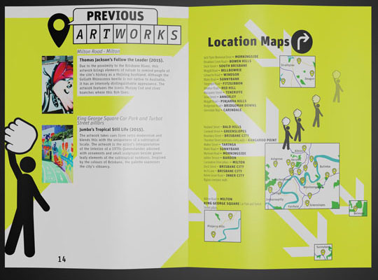 The next mockup is of two pages, one is example previous artworks and the other is location maps. The previous artwork page has the hand cursor icon holding up the person graphic. A giant white arrow points to the next page. On the location map page, a list of locations is on the left in black text. The map has yellow geo-markers on it to indicate street art locations. The hand cursor carries the person graphic to the map, with lower opacity copies following it to indicate motion. Small white arrows in the background point toward the map to create motion..