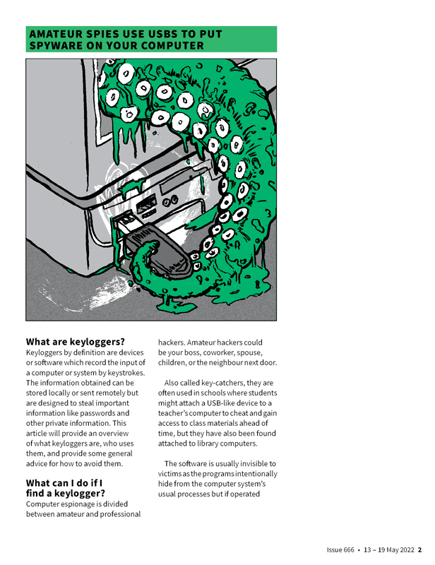 The second page has the heading Amateur spies use USBs to put spyware on your computer and an illustration of a giant dripping tentacle reaching out of a computer monitor to place a USB into the computer slot. The colour scheme is green and gray.