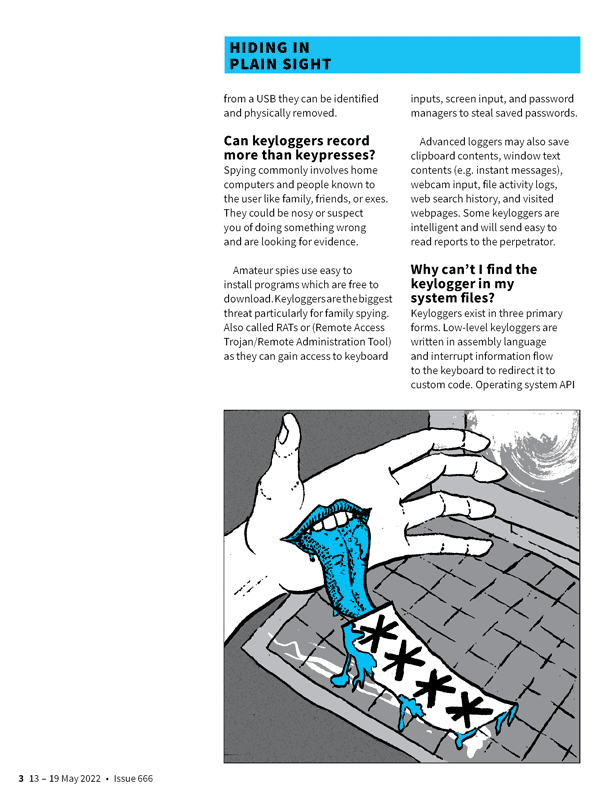 The third page has the heading Hiding in plain sight and an image of a hand with a mouth and tongue protruding from the palm, with a strip of paper with asterisks on the end of the tongue and oozing across the keyboard. The colour scheme is blue and gray.