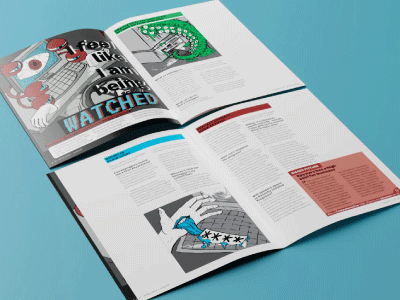 A mockup of an editorial design featuring surreal technohorror imagery.