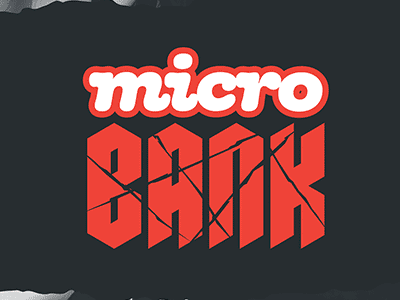 A black, orange, and white typographic logo with micro in lowercase script and bank written in a modern blackletter with claw marks across it.
