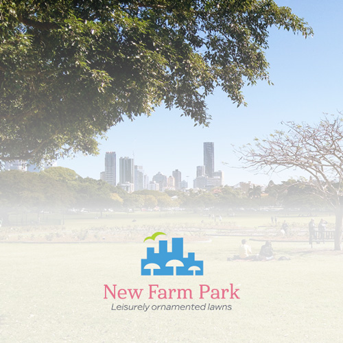 The New Farm Park logo is set in front of a white to transparent gradient background with a photograph of the park behind it. The photo shows the vast lawns, Edwardian rose gardens, and Brisbane skyscrapers above the trees circling the park. The logo is a simplified graphic of the city in blue with tree shapes knocked out of the buildings, with a green flying bird silouette in the top left. The text reads New Farm Park in a quirky old fashioned sans serif font in rose pink, with a dark grey beneath it reading Leisurely ornamented lawns.