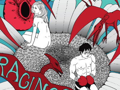 Part of a psychedelic movie poster of the film Raging Bull (1980). It is an illustration with surreal imagery.
