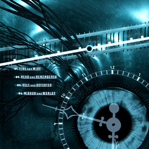 The back cover has a close up on a disembodied iris with a ghostly clock hands over the top and the hour and minute marks wrapping around it. A large gear is behind the iris giving the impression of eyelashes. Behind the eye large black wires extend out toward a train track running diagonally. A subway line is overlaid over the top. Underneath the track are numbered 01 to 04 track names: Fire and Wire, Read and Remembered, Self and Defeated, Mirror and Worlds.